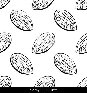 Black and white seamless pattern with almonds drawn in outline style, ideal for coloring books and food packaging. Stock Vector