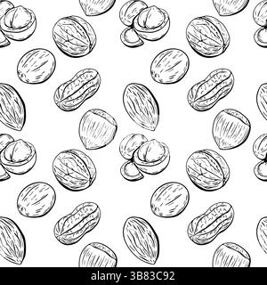Black and white vector seamless pattern showing assorted nuts like almonds, walnuts, peanuts and macadamias great for coloring books. Stock Vector