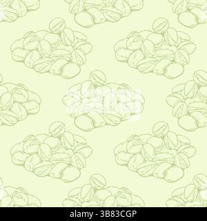 Vector pattern of pistachio nuts drawn in soft green line style on light background ideal for healthy food packaging or fabric design. Stock Vector