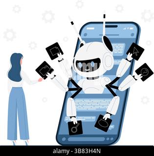 Productivity and automation of chatbot assistant. Tiny woman working with multitasking robot on smartphone screen, bot with many hands holding document and folder, cursor cartoon vector illustration Stock Vector