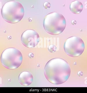Abstract seamless pattern in Y2K style. Three-dimensional bubbles on Gradient Pink and Orange background. 3d holographic retro template. Future galaxy aesthetic, 3D chrome bubble art. Stock Vector