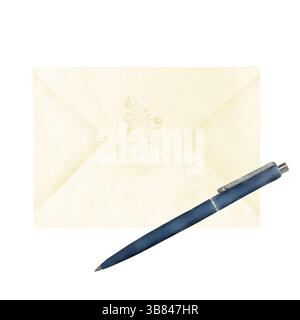A closed paper envelope for writing and a fountain pen. Watercolor illustration in digital. An ordinary beige sealed envelope and a pen, isolated on a Stock Photo