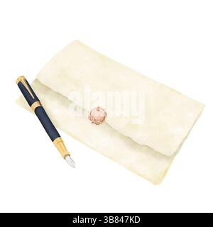 A closed paper envelope for writing and a fountain pen. Watercolor illustration. Rectangular beige sealed envelope with wax seal and pen, insulated on Stock Photo