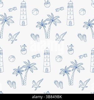 Summer beach pattern featuring palm trees, lighthouses, and relaxing activities Stock Vector