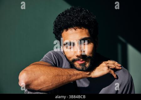 Portrait of sunlight shining on smiling bearded man Stock Photo