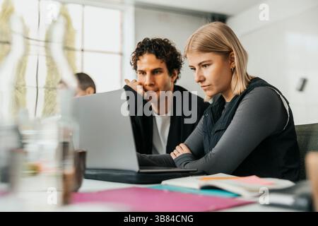 Young businesswoman using laptop while planning ideas on laptop with colleague in office Stock Photo