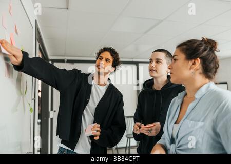 Young business entrepreneur sticking adhesive note on whiteboard while explaining strategy to coworkers in office Stock Photo