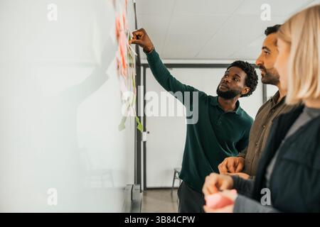 Young business entrepreneur sticking adhesive note on whiteboard while planning strategy with coworkers in office Stock Photo