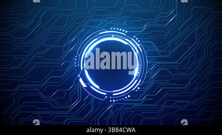 Neon light blue circle portal on futuristic technology circuit board.  Stock Vector