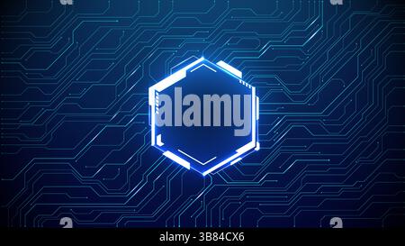 Glowing neon hexagon frame as Technology cyber portal on circuit board Stock Vector