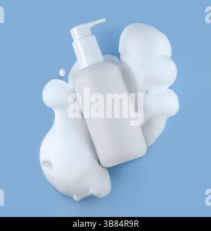Dispenser with facial cleanser or shaving foam on blue background mockup Stock Photo