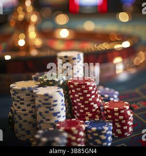 Colorful casino chips stacked on roulette table with sparkling bokeh lights in background Stock Photo