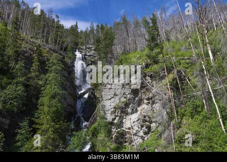 Waterfall cascading down a steep rock face, Rostaa stream, forest under blue sky, near Sel, Gudbrandsdalen, Norway, Europe Stock Photo