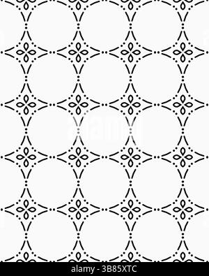 A seamless pattern featuring interconnected circles and star-like shapes, outlined in black on a white background. The design is symmetrical and moder Stock Photo