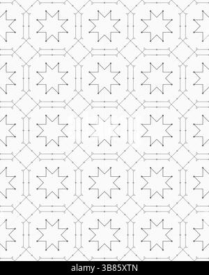 A seamless geometric pattern featuring star shapes within hexagonal outlines, creating a symmetrical and repetitive design in black and white. Stock Photo