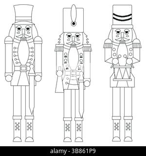 Set vector hand-drawn illustration of three different nutcrackers, with a sword, with a trumpet and with a drum.  Stock Vector
