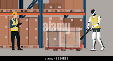 Warehouse worker and humanoid robot working together: robotics and logistics concept Stock Vector