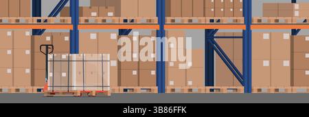 Industrial warehouse interior with loaded pallet jack truck: logistics, storage and distribution concept Stock Vector