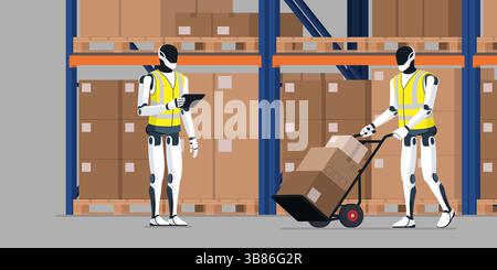 Automated humanoid robots working in the warehouse, they are moving boxes and checking orders: AI and robotics concept Stock Vector