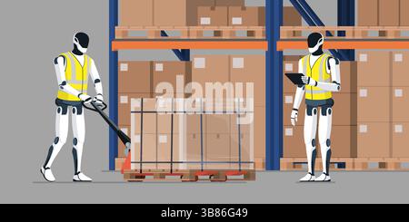 Automated humanoid robots working in the warehouse, they are moving boxes and checking orders: AI and robotics concept Stock Vector