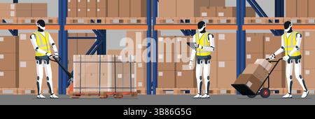 Automated humanoid robots working in the warehouse, they are moving boxes and checking orders: AI and robotics concept Stock Vector