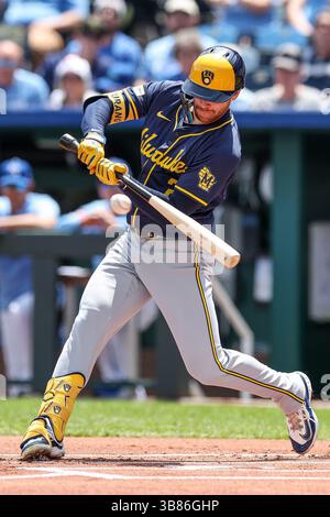 Brice Turang of the Milwaukee Brewers hits a two-run single in the ...