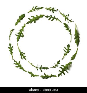 Pattern from arugula in round circle frame isolated. Circle shape in fresh green ruccola or arugula. Isolated on white with clipping path. Top view or Stock Photo