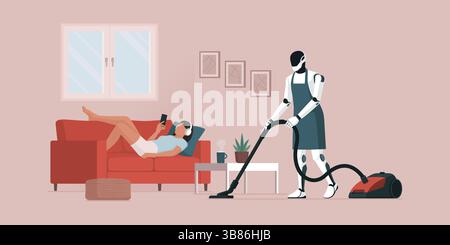 Efficient humanoid robot vacuuming the floor and doing household chores while a woman is relaxing on the couch and checking her smartphone Stock Vector