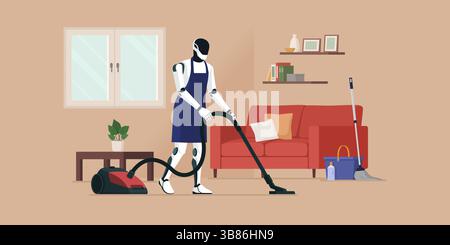 Efficient humanoid robot doing household chores, he is vacuuming the floor, autonomous robots concept Stock Vector