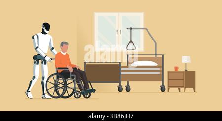 AI humanoid robot helping a senior person in a wheelchair at the nursing home, robots and healthcare concept Stock Vector