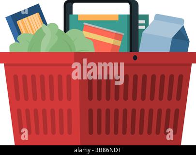Red plastic shopping basket filled with groceries, grocery shopping concept Stock Vector