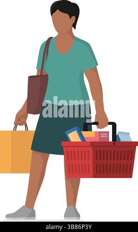 Woman buying groceries at the store, she is carrying a shopping basket full of products and a shopping bag Stock Vector