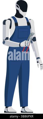 Prumber AI humanoid robot holding a tool, professional service and repair concept, isolated Stock Vector