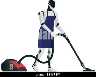 Efficient humanoid robot cleaning the floor using a vacuum cleaner, isolated Stock Vector
