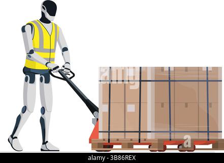Humanoid robot working in a warehouse and moving parcels using a pallet jack, isolated Stock Vector