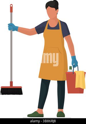 Housewife wearing an apron and cleaning her home using cleaning supplies: she is showing a broom, isolated Stock Vector