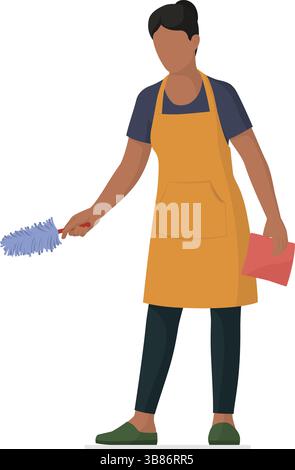 Housewife wearing an apron and cleaning her home using cleaning supplies: she is holding a duster and a sponge wipe Stock Vector