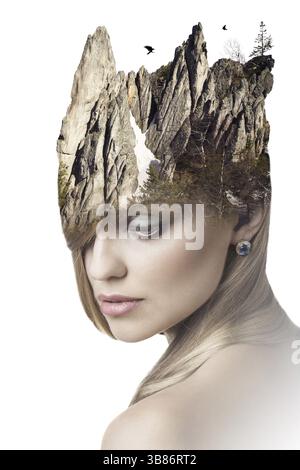 A double exposure portrait of an attractive woman combined with digital ...