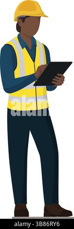 Warehouse worker tracking orders, she is wearing a safety helmet and safety vest, isolated Stock Vector