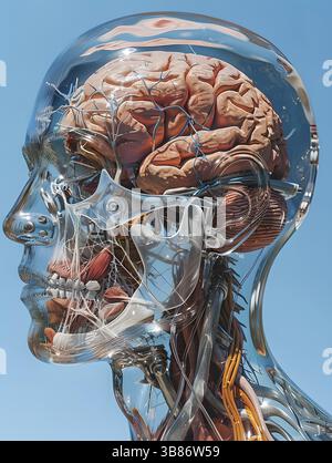 An electric blue glass head resembling a fictional character from a painting, with a jaw, muscles, and brain inside. A unique art toy showcasing human Stock Photo