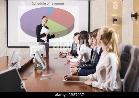 Business consultant answering a question during a meeting at office Stock Photo