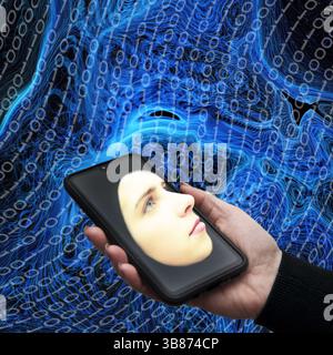 hand holding a smartphone with a digital assistent Stock Photo