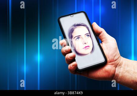 hand holding a smartphone with a digital assistent Stock Photo
