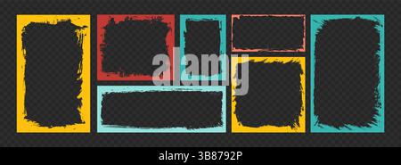 Grunge frames set. Abstract textured borders with rough brush strokes for photo collage, stories and social network. Hand drawn vector illustration Stock Vector