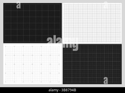Set of different graph paper. Square grid background with empty space on black and white backdrop. Architectural graph paper or school math sheet Stock Vector