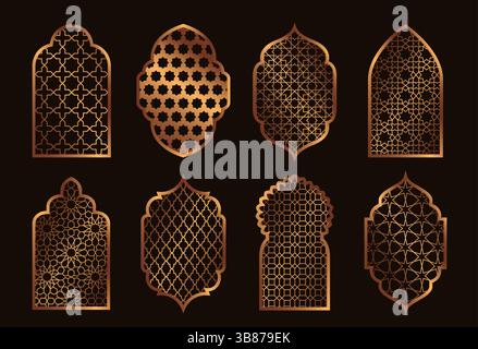 Set of golden windows in arabic style. Traditional Islamic frames, mosque arches or Moroccan gates. Elements of ancient oriental architecture. Vector Stock Vector