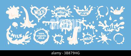 Dairy splashes logo. Set of drops, blots and stains of natural milk with lettering. Stickers or labels for dairy product design. Flat vector Stock Vector