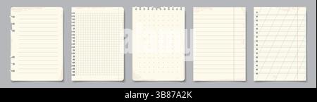 Torn paper sheets from notepad. Checkered or striped pages with texture. Design elements for poster and print. Notepaper for reminders. Realistic Stock Vector