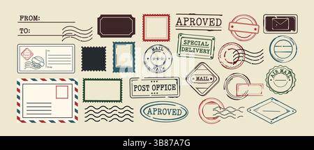 Grunge postage stamp set. Retro geometric postmark and stamps for letters, parcels and deliveries. Mail frames or borders. Vintage vector illustration Stock Vector