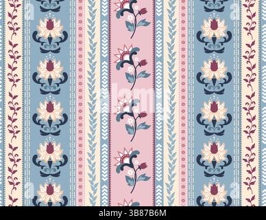 Vertical Retro Seamless Pattern. Striped botanical repeating ornament with paisley and vintage floral motifs. Decorative design element for wallpaper Stock Vector